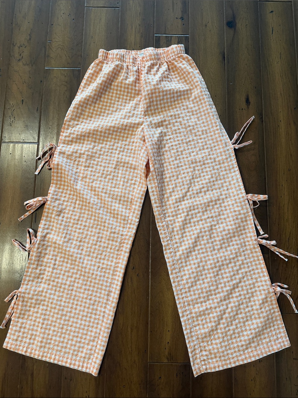 Peach Gingham Wide-Leg Tie-Side Pants